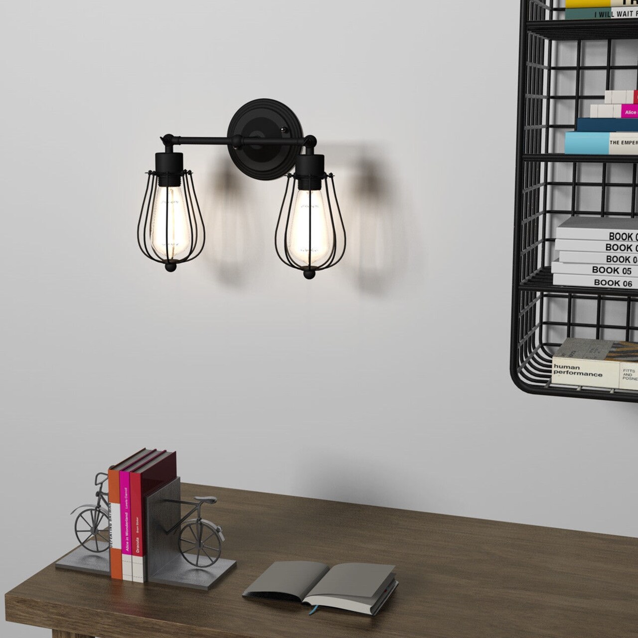 Vintage Industrial Wire Cage Wall Sconce with Edison Bulb and Adjustable Angle